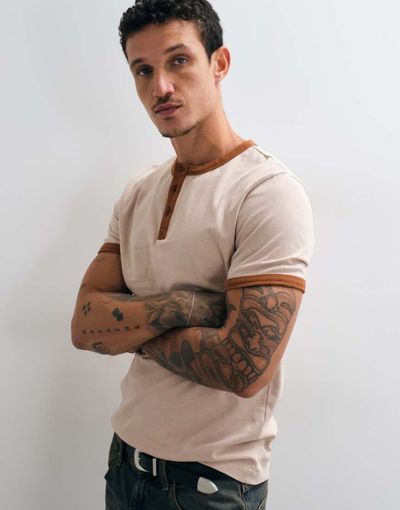 ASOS DESIGN ASOS DESIGN slim ringer Henley T-shirt in washed beige-Neutral