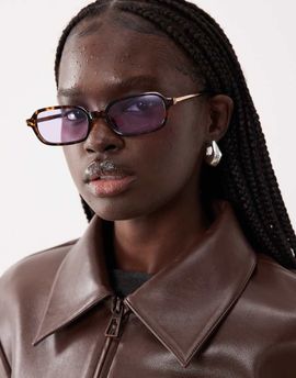 ASOS DESIGN ASOS DESIGN slim square sunglasses in tort with pink lens and metal temples-Brown