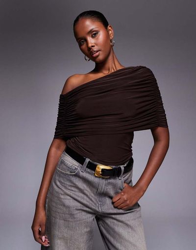 ASOS DESIGN ASOS DESIGN slinky asymmetric cape shoulders top in brown