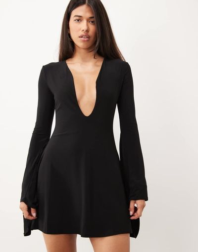 ASOS DESIGN ASOS DESIGN slinky flute sleeve flippy mini dress with deep plunge in black