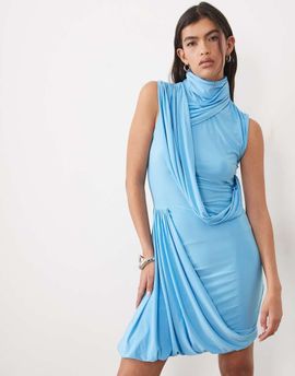 ASOS DESIGN ASOS DESIGN slinky high neck drape cross body bubble mini dress in blue