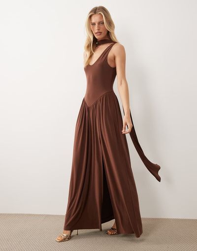 ASOS DESIGN ASOS DESIGN slinky maxi dress with scarf detail in chocolate-Brown