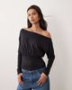 ASOS DESIGN ASOS DESIGN slinky off shoulder long sleeve top with cinch waist detail in black - 1