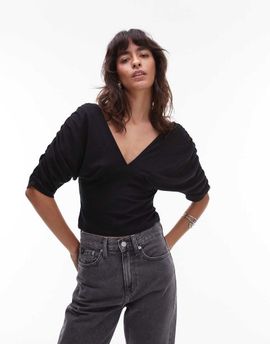 ASOS DESIGN ASOS DESIGN slinky plunge front batwing top with ruched waist in black