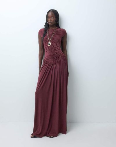 ASOS DESIGN ASOS DESIGN slinky ruched front full skirt maxi dress in fig-Purple