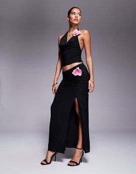 ASOS DESIGN ASOS DESIGN slinky ruched waist maxi skirt with floral trim detail in black - part of a set-Yellow