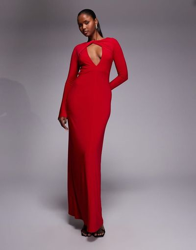 ASOS DESIGN ASOS DESIGN slinky twist detail plunge neck long sleeve maxi dress in red