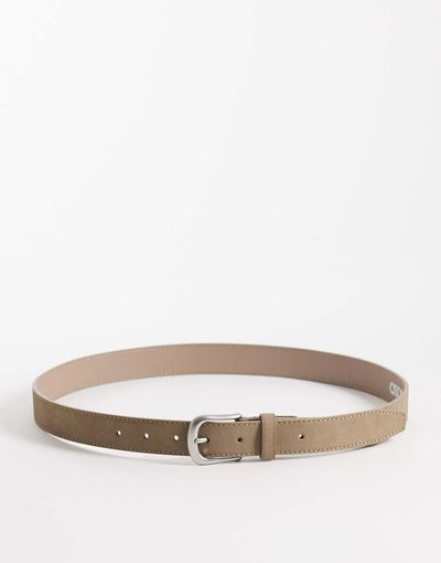 ASOS DESIGN ASOS DESIGN smart faux suede single stud belt with rounded edge brushed silver buckle in beige-Neutral