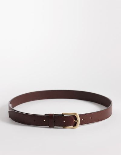 ASOS DESIGN ASOS DESIGN smart leather single stud belt with rounded edge gold buckle in brown