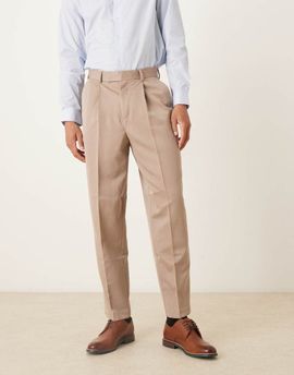 ASOS DESIGN ASOS DESIGN smart relaxed tapered fit pant with front pleats in dark stone-Neutral