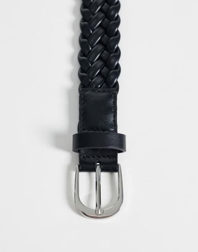 ASOS DESIGN ASOS DESIGN smart slim faux leather woven belt with rounded silver buckle in black