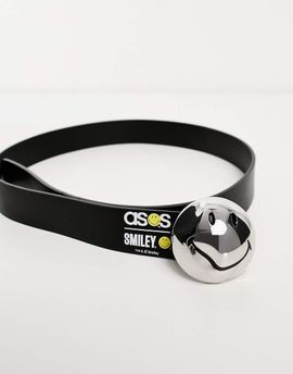 ASOS DESIGN ASOS Design Smiley Collab faux leather belt with warped buckle in black