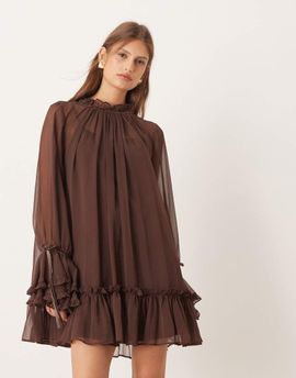 ASOS DESIGN ASOS DESIGN smock mini dress with tiered ruffle cuff and velvet bows in chocolate-Orange