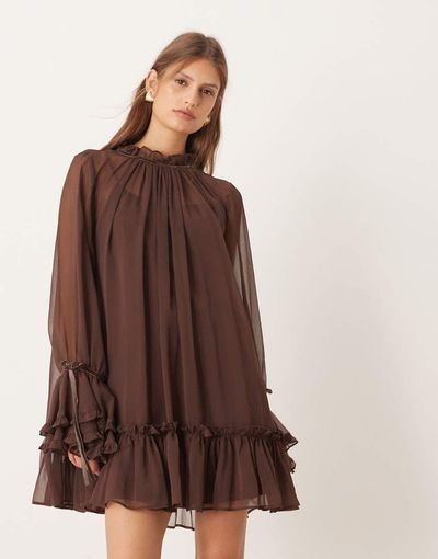 ASOS DESIGN ASOS DESIGN smock mini dress with tiered ruffle cuff and velvet bows in chocolate-Orange