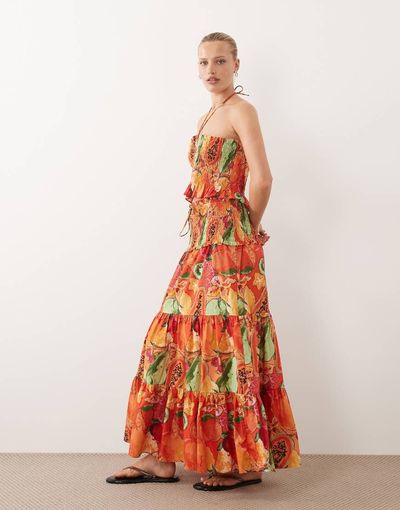 ASOS DESIGN ASOS DESIGN smocked waist tiered maxi skirt in fruit print - part of a set-Multi