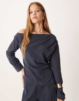 ASOS DESIGN ASOS DESIGN soft asymmetric top with ruched detail in washed ink - part of a set-Navy