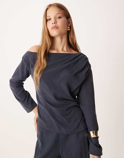 ASOS DESIGN ASOS DESIGN soft asymmetric top with ruched detail in washed ink - part of a set-Navy