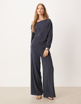 ASOS DESIGN ASOS DESIGN soft clean front wide leg pants in washed ink - part of a set-Navy