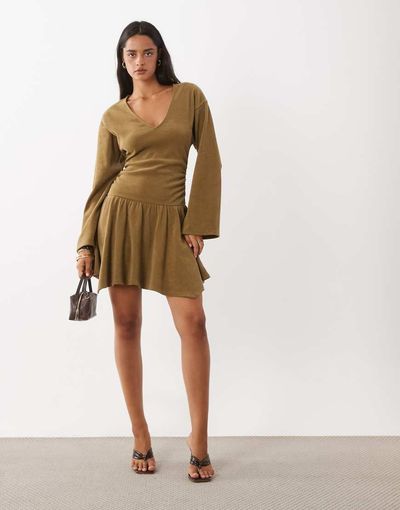 ASOS DESIGN ASOS DESIGN soft cord hankey hem mini dress in mustard-Yellow