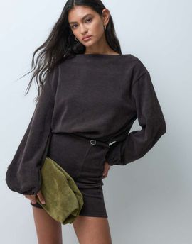 ASOS DESIGN ASOS DESIGN soft cord slash neck belted mini dress in chocolate-Brown
