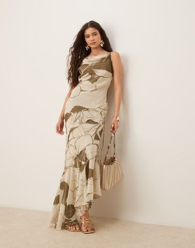 ASOS DESIGN ASOS DESIGN soft cowl neck strappy back maxi dress with seam detail in oversized green floral print-Multi