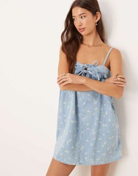 ASOS DESIGN ASOS DESIGN soft denim cami mini dress with tie front detail in floral print-Blue