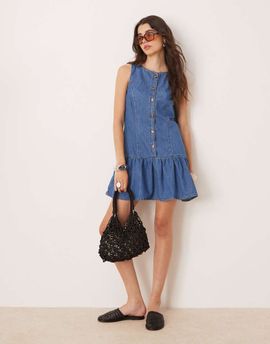 ASOS DESIGN ASOS DESIGN soft denim sleeveless mini dress with dropped waist in mid wash blue