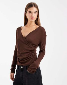ASOS DESIGN ASOS DESIGN soft jersey drape wrap long sleeve top in chocolate-Brown