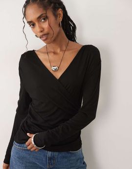ASOS DESIGN ASOS DESIGN soft jersey drape wrap long sleeve top in cream-Black