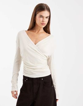 ASOS DESIGN ASOS DESIGN soft jersey drape wrap long sleeve top in cream-White