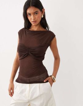 ASOS DESIGN ASOS DESIGN soft semi sheer cap sleeve top with ruched bust overlay in chocolate-Brown