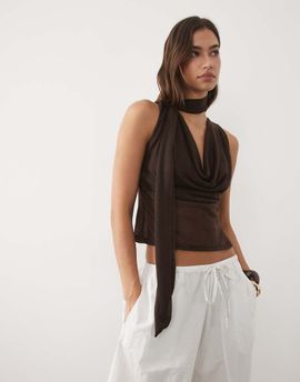 ASOS DESIGN ASOS DESIGN soft semi sheer cowl scarf neck tank top in chocolate-Brown