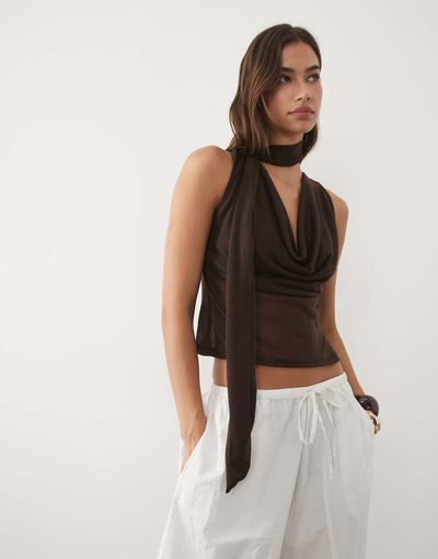 ASOS DESIGN ASOS DESIGN soft semi sheer cowl scarf neck tank top in chocolate-Brown