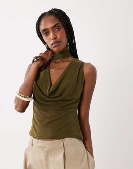 ASOS DESIGN ASOS DESIGN soft semi sheer cowl scarf neck tank top in olive-Green