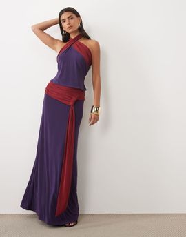 ASOS DESIGN ASOS DESIGN soft touch contrast sash waist maxi skirt in purple and wine - part of a set