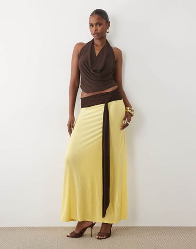 ASOS DESIGN ASOS DESIGN soft touch contrast sash waist maxi skirt in yellow and brown - part of a set