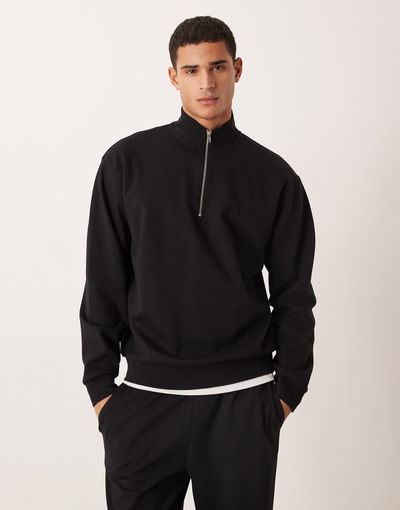 ASOS DESIGN ASOS DESIGN soft touch relaxed quarter zip sweatshirt in black - part of a set