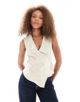 ASOS DESIGN ASOS DESIGN soft touch wrap sleeveless blouse in buttermilk-Yellow
