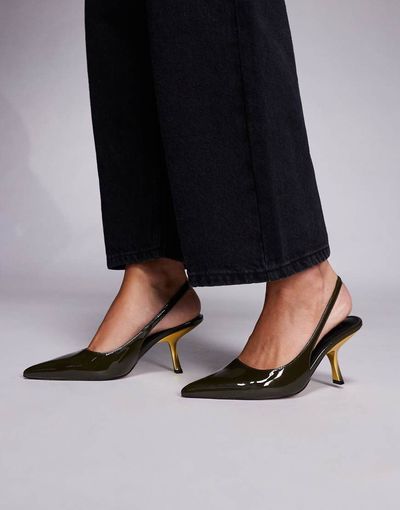 ASOS DESIGN ASOS DESIGN Sophia contrast mid heel slingback shoes in green patent