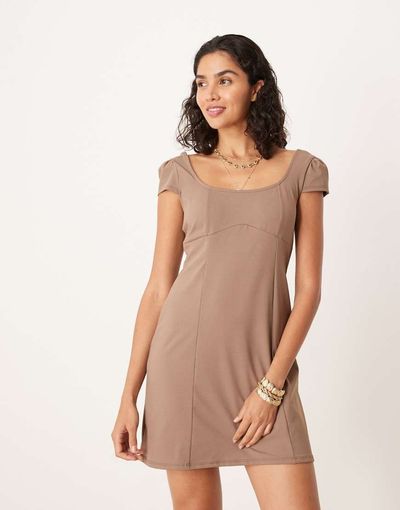ASOS DESIGN ASOS DESIGN square neck cap sleeve seam detail mini dress in mocha-Neutral
