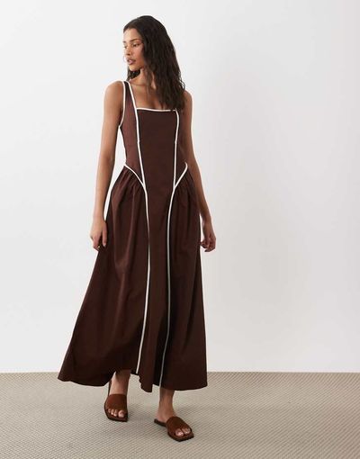 ASOS DESIGN ASOS DESIGN square neck midi dress with sculpted bust and contrast piping in chocolate-Brown