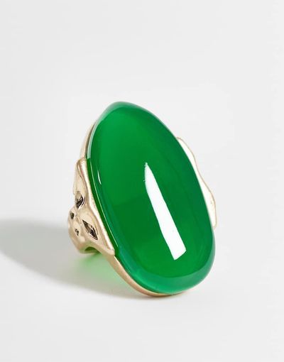 ASOS DESIGN ASOS DESIGN statement ring with green stone setting in gold tone