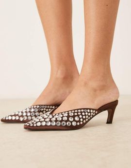 ASOS DESIGN ASOS DESIGN Storm embellished chisel toe mid heel mules in chocolate-Brown