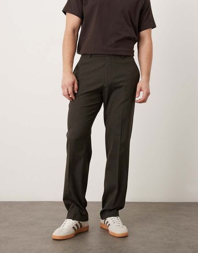 ASOS DESIGN ASOS DESIGN straight leg dress pants in dark brown pinstripes with cuffs