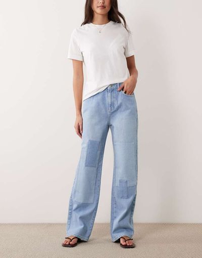 ASOS DESIGN ASOS DESIGN straight leg patchwork jeans in bleach-Blue