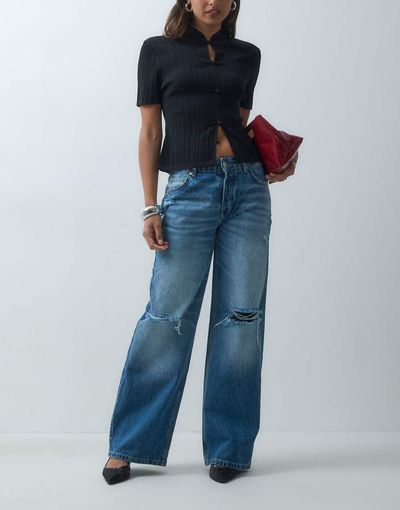 ASOS DESIGN ASOS DESIGN straight leg rip detail jean in mid wash-Blue