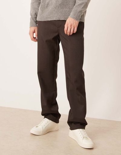 ASOS DESIGN ASOS DESIGN straight pants in brown wool look herringbone with belt tie