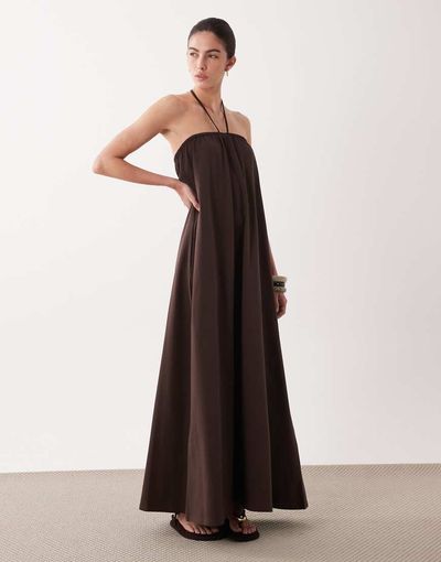 ASOS DESIGN ASOS DESIGN strapless maxi dress with tie detail in chocolate-Brown