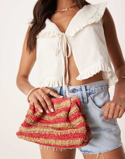 ASOS DESIGN ASOS DESIGN straw crochet clutch in red and natural stripes-Multi