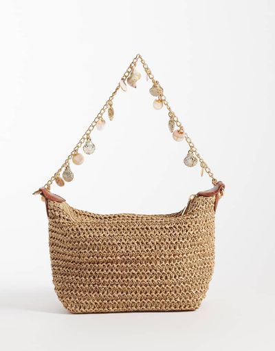 ASOS DESIGN ASOS DESIGN straw crochet shoulder bag with shell charm strap in natural-Neutral